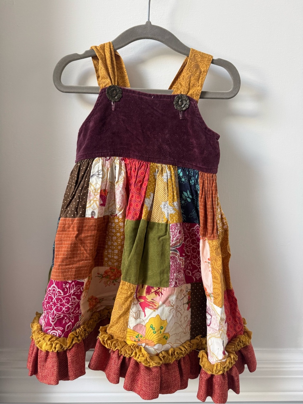 Perfect Fall Patchwork Ruffled Sundress - Burgundy & Mustard